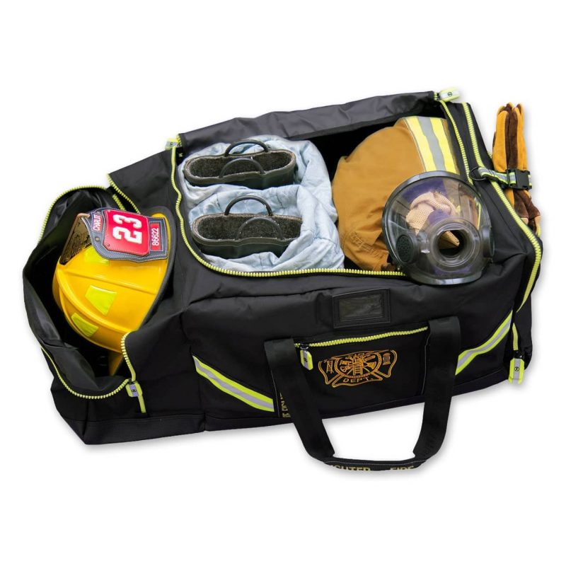 Front side view of Lightning X LXFB10 black variant 3XL Turnout Gear Bag with compartments open and firefighter gear inside, showcasing organized storage.