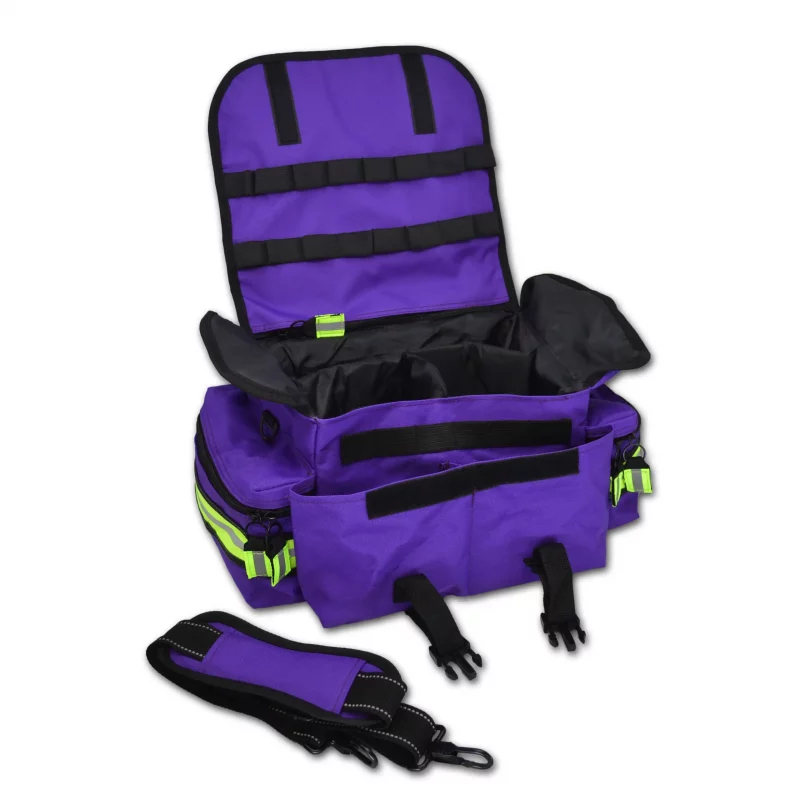 Purple Lightning X LXMB20 small EMT first responder bag open with detached strap in front, showing organized compartments for quick access to medical supplies.