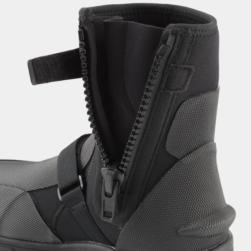 Closeup of a single NRS ATB Wetshoe’s left side showing the zipper and Velcro strap opened, highlighting easy-entry design and secure fit features.