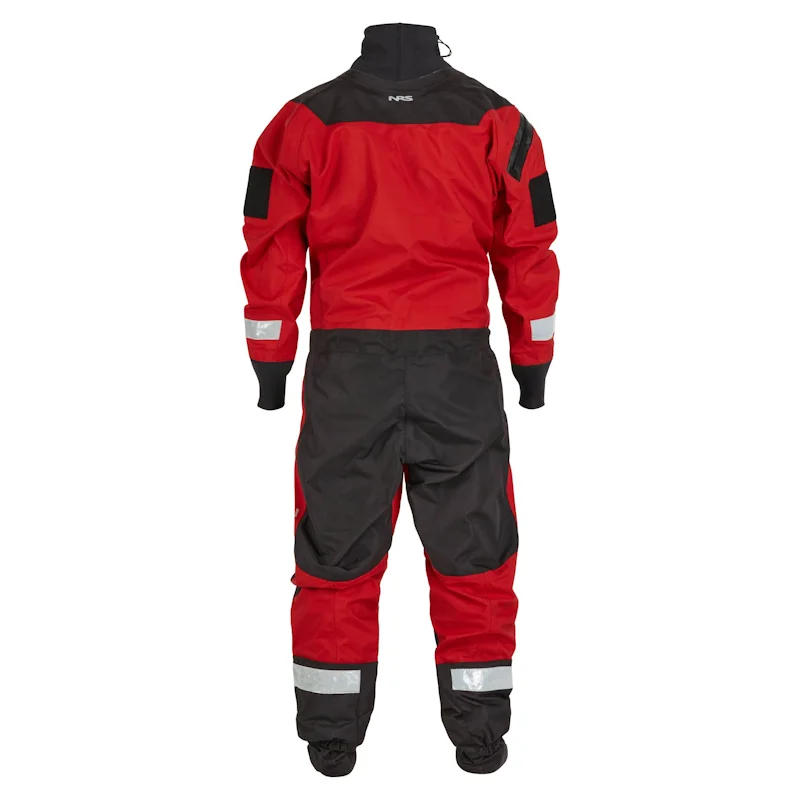 Back view of the NRS Ascent SAR Dry Suit in red, highlighting reinforced knee panels, sealed seams, and reflective safety markings.