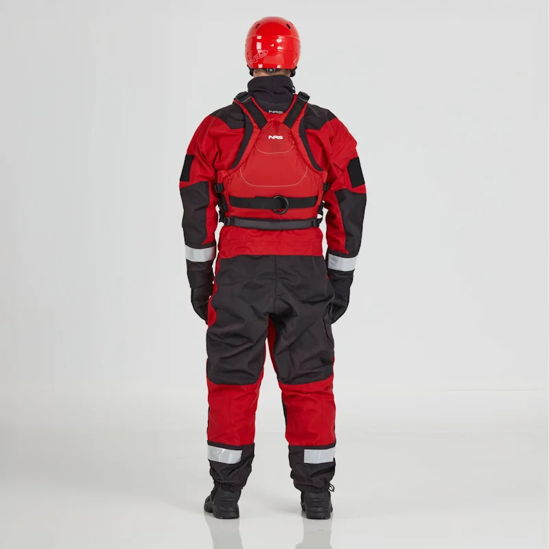 Back view of a man wearing the NRS Ascent SAR Dry Suit in red with an equipment bag on the chest, showing reinforced back panels and safety features.