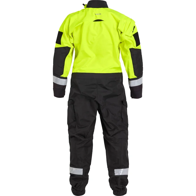 Back view of the NRS Extreme SAR Dry Suit in safety yellow, showing reinforced seat and knees, reflective accents, and sealed seams for durability.