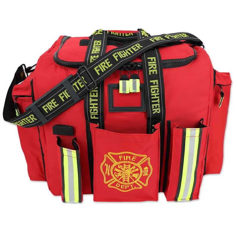 Front view of red Lightning X LXFB20 turnout gear bag with reflective striped pockets, embroidered Fire Dept. Maltese cross, and Fire Fighter webbing straps.