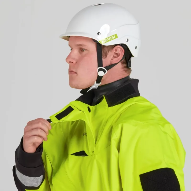 Closeup of the neck and shoulder area of a man wearing the NRS Extreme SAR Dry Suit in safety yellow, highlighting the latex neck gasket and reinforced shoulders.