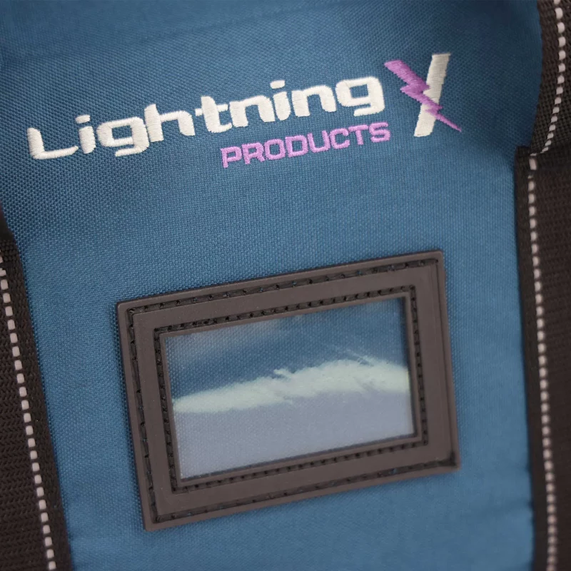 Closeup of back view of Lightning X LXMB30 navy blue variant large EMT first responder bag, showing padded back panel and reinforced stitching for comfort and durability.
