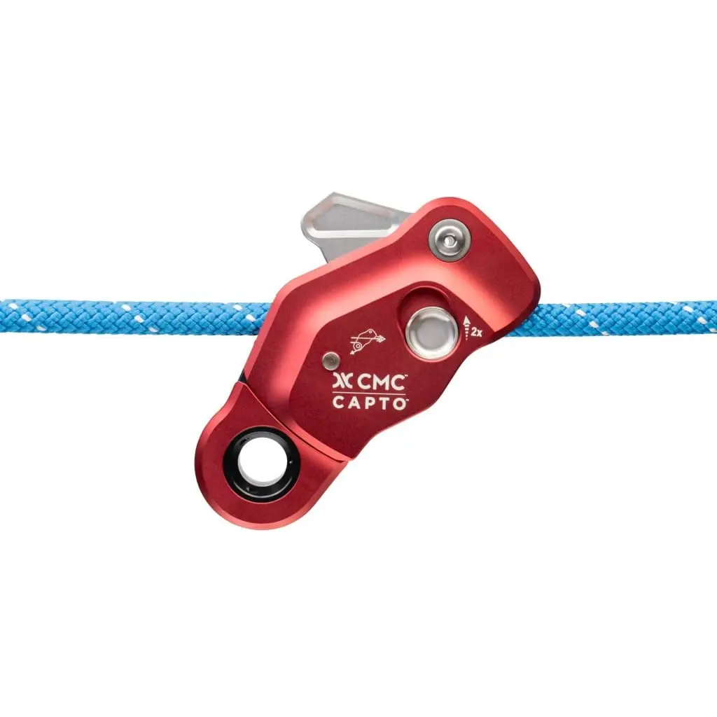 Red CMC™ CAPTO™ Multifunctional Rope Grab in the closed position securely engaged on a rope, illustrating reliable locking and safe rope access during rescue operations.