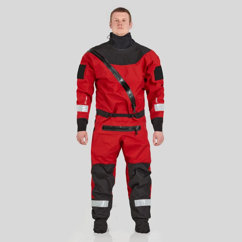 Front view of a man wearing the NRS Ascent SAR Dry Suit in red, highlighting the suit’s fit, zipper, and safety features.