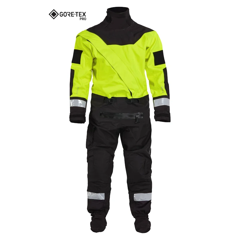 Front view of the NRS Ascent SAR Dry Suit in safety yellow, showing durable waterproof fabric, latex neck gasket, and heavy-duty front zipper.