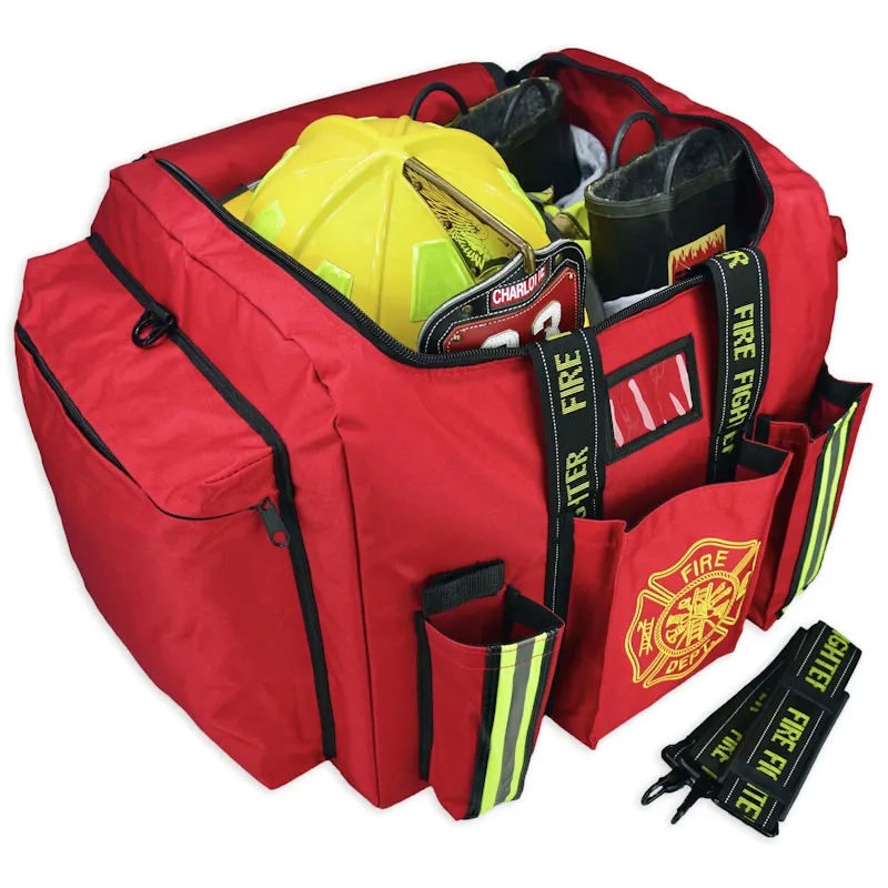 Open red Lightning X LXFB20 turnout gear bag holding a yellow fire helmet and boots, with a detached Fire Fighter shoulder strap.