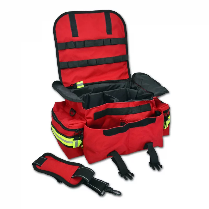 Red Lightning X LXMB20 small EMT first responder bag open with detached strap in front, showing organized compartments for quick access to medical supplies.