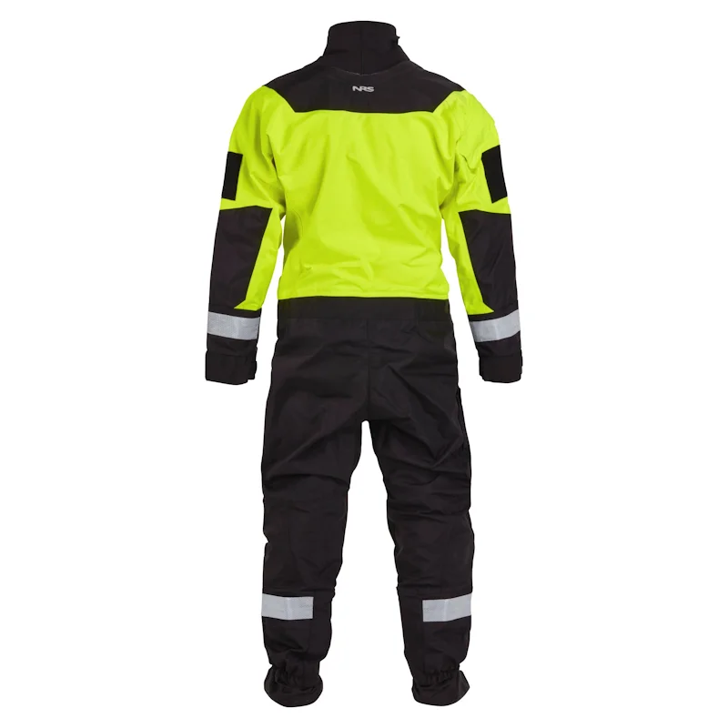 Back view of the NRS Ascent SAR Dry Suit in safety yellow, highlighting reinforced knee panels, sealed seams, and reflective safety accents.