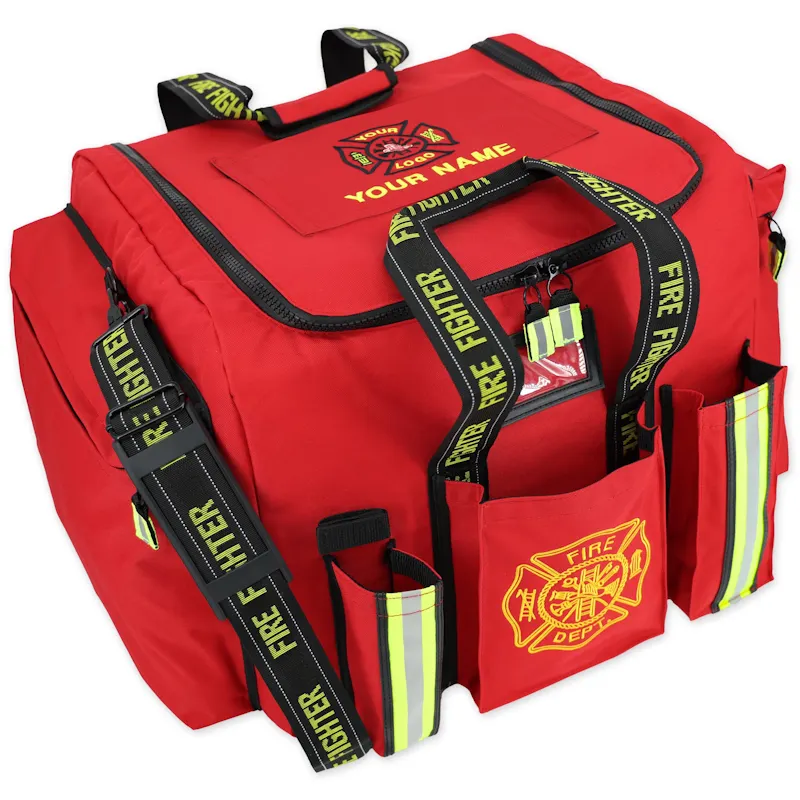 Red Lightning X LXFB20 turnout gear bag with customizable "Your Logo" and "Your Name" embroidery on the top flap.