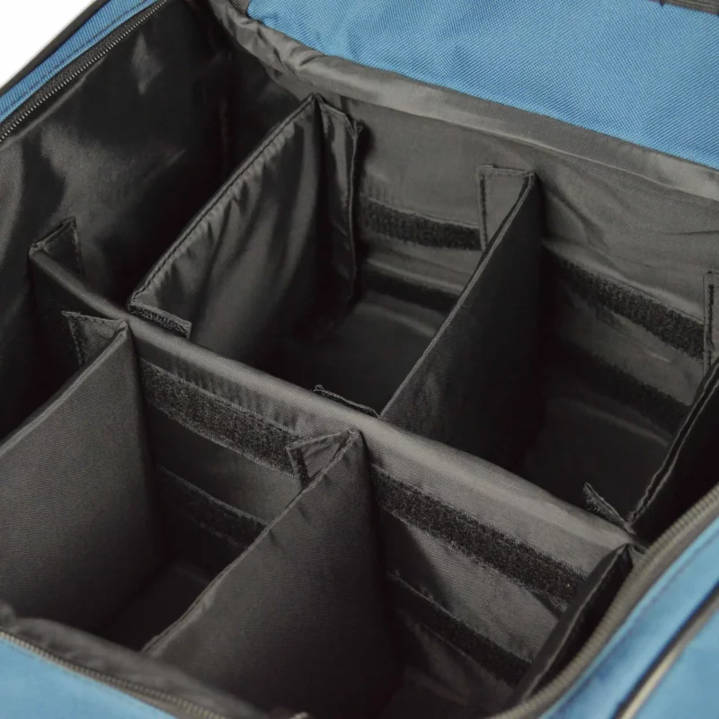 Closeup of inside compartments of Lightning X LXMB30 navy blue variant large EMT first responder bag, displaying organized sections for efficient medical supply storage.