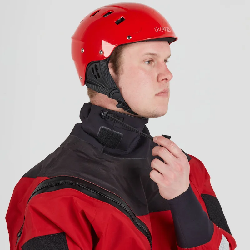 Closeup of a man wearing the NRS Ascent SAR Dry Suit in red, focusing on the latex neck gasket and padded shoulder area for comfort and waterproof sealing.