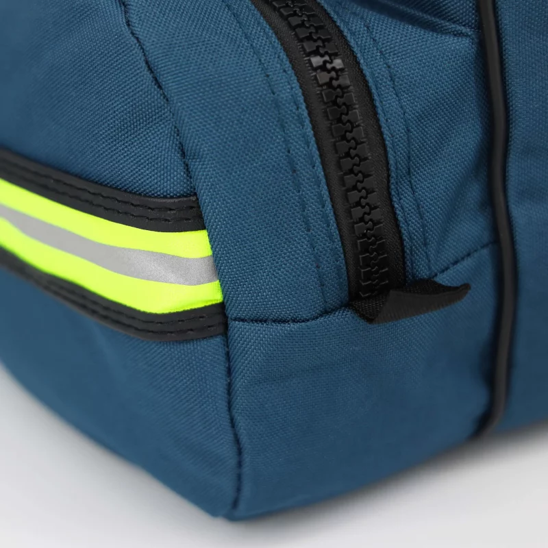 Closeup of Lightning X LXMB30 navy blue variant side panel, emphasizing reinforced stitching and heavy-duty fabric.