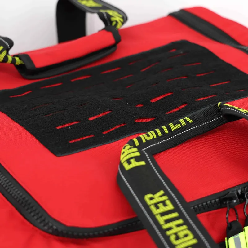 Close-up of the red Lightning X LXFB20 turnout gear bag's top hook-and-loop patch panel for attaching name tags or custom patches.