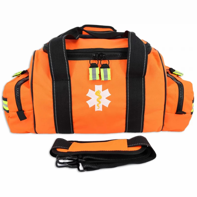 Front view of Lightning X LXMB30 orange variant large EMT first responder bag with carrying straps detached and placed in front, highlighting modular design and portability.