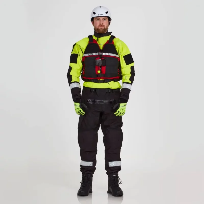 Front view of a man wearing the NRS Extreme SAR Dry Suit in safety yellow with a red equipment bag on the chest, designed for rescue readiness.