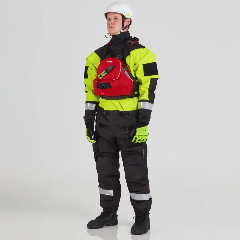 Front side view of a man wearing the NRS Ascent SAR Dry Suit in safety yellow with a red equipment bag on the chest, showcasing the waterproof material and rescue gear readiness.
