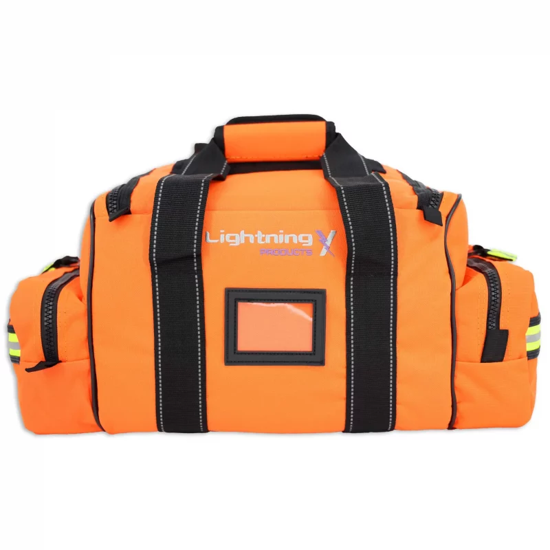 Back view of Lightning X LXMB30 orange variant large EMT first responder bag, featuring padded straps and reinforced back panel.
