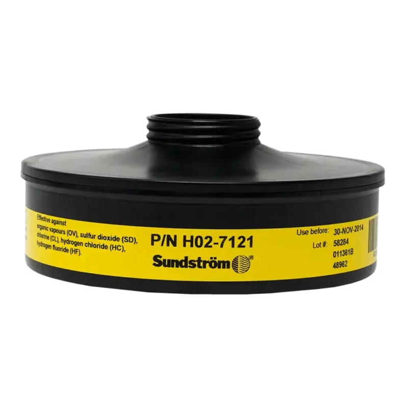 Sundström® SR 532 OV/SD/CL/HC/HF Cartridge — versatile respiratory filter cartridge offering protection against organic vapors, sulfur dioxide, chlorine, hydrocarbons, and hydrogen fluoride gases.