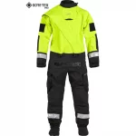 Front view of the NRS Extreme SAR GTX Dry Suit in safety yellow, showcasing breathable Gore-Tex® fabric, reinforced panels, latex neck gasket, and heavy-duty front zipper.