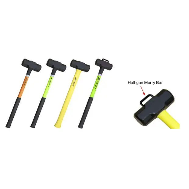 Four Leatherhead Tools® Hallway Sledge color variants—HiViz Lime, HiViz Orange, Yellow, and Black—side by side with a closeup of the Halligan marry bar, showcasing compact, durable rescue tools.