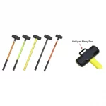 Four Leatherhead Tools® Sledgehammer color variants—HiViz Lime, HiViz Orange, Yellow, and Black—displayed side by side with a closeup of the Halligan marry bar next to them, highlighting their robust design and essential rescue tools.