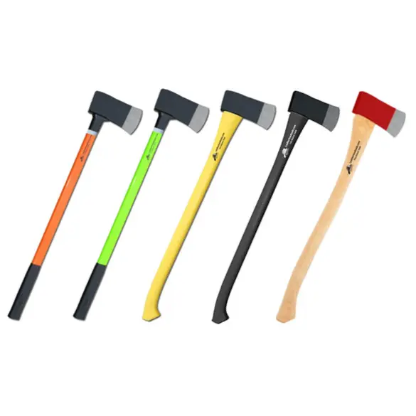 Leatherhead Tools® Flat Head Axe in HiViz Lime, HiViz Orange, Yellow, Black, and Red variants displayed side by side, showcasing their robust design and bright color options for enhanced visibility and performance.