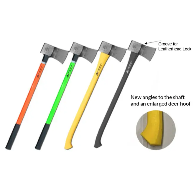 Leatherhead Tools® Ultra-Force Axe in HiViz Lime, HiViz Orange, Yellow, and Black variants displayed side by side, with a closeup of the bottom of the handle highlighting the angled ergonomic design for improved grip and control.