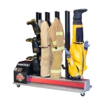 Ready Rack™ Vortex MD5 Mobile Dryer – 5-Position with firefighting gear loaded, demonstrating its capacity to dry multiple coats, boots, and gloves simultaneously using powerful airflow and mobile convenience.