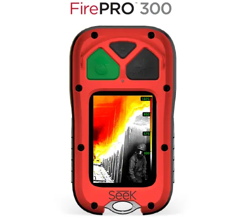 Seek Thermal™ FirePRO™ 300 Personal Thermal Camera fully visible, highlighting its rugged handheld design and easy-to-use interface for reliable thermal imaging during firefighting missions.