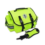 Fluorescent yellow Lightning X LXMB20 small EMT first responder bag closed with detached strap placed in front, highlighting high visibility and portability.