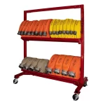 Ready Rack™ Mobile Hose Cart with heavy-duty frame and casters, shown fully loaded with coiled fire hoses for easy transport and organized storage in fire stations.