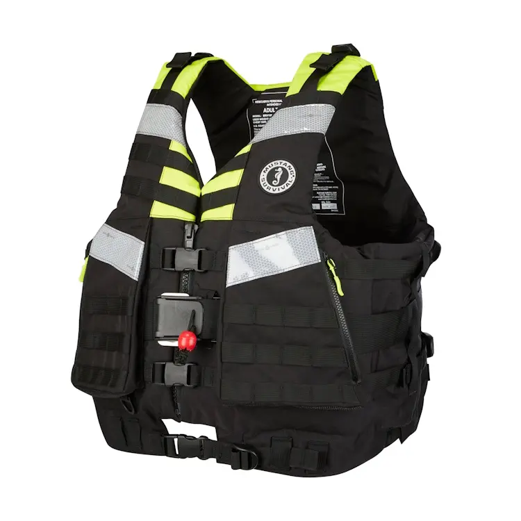 Mustang Survival® Universal Swift Water Rescue Vest designed for high-performance flotation, with quick-release buckles, reflective detailing, and secure fit for swift water rescue professionals.