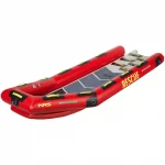 NRS X-Sled 115 Rescue Boat, a durable inflatable rescue sled designed for swift water and flood rescue operations, featuring reinforced PVC construction, multiple grab handles, and compatibility with paddles or motors.