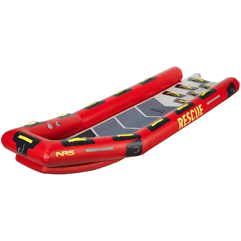 NRS X-Sled 115 Rescue Boat, a durable inflatable rescue sled designed for swift water and flood rescue operations, featuring reinforced PVC construction, multiple grab handles, and compatibility with paddles or motors.