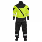 Front view of the NRS Ascent SAR Dry Suit in safety yellow, showing the durable waterproof fabric, latex neck gasket, and heavy-duty front zipper.