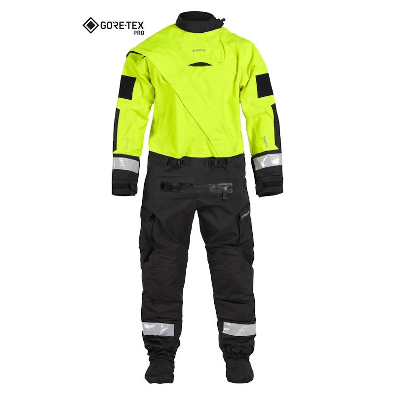 Front view of the NRS Extreme SAR GTX Dry Suit in safety yellow, showcasing breathable Gore-Tex® fabric, reinforced panels, latex neck gasket, and heavy-duty front zipper.