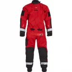 Front view of the NRS Extreme SAR Dry Suit in red, featuring rugged waterproof construction, reinforced panels, and a front-entry zipper.
