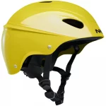 Side view of the NRS Havoc Livery Helmet in yellow, showcasing its vibrant design, durable ABS shell, adjustable straps, and ventilation for comfortable, impact-resistant whitewater protection.