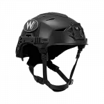 Front right side view of the Team Wendy® EXFIL® LTP Bump Helmet in black, showing the NVG shroud, side rails, and vented polymer shell design.
