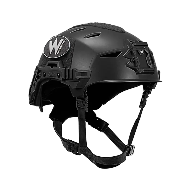 Front right side view of the Team Wendy® EXFIL® LTP Bump Helmet in black, showing the NVG shroud, side rails, and vented polymer shell design.
