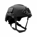 Angled front-side view of the Team Wendy® EXFIL® Ballistic Helmet in Black featuring a ballistic shell, integrated accessory rails, and NVG mounting system for tactical and military operations.