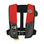 Front view of Mustang Survival® Hit Hydrostatic Inflatable PFD in red/black variant, showing adjustable straps, compact design, and hydrostatic inflation mechanism for enhanced safety.
