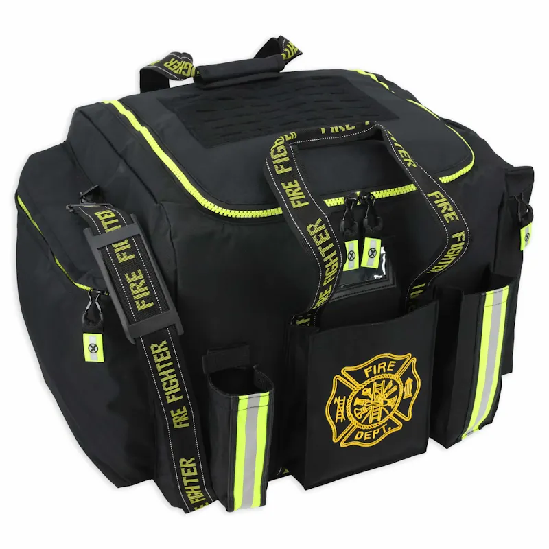 Lightning X LXFB20 black padded turnout gear bag with hi-vis yellow trim, reflective pockets, and embroidered Fire Dept. Maltese cross.
