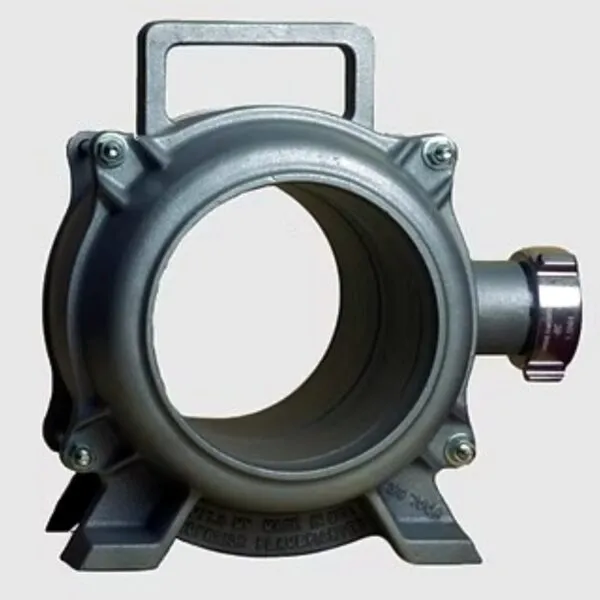 Flamefighter 39700 hose washer, shown from a straight-on front view with gray cast aluminum ring body, top carry handle, side hose connection fitting with chrome coupling, and bottom mounting feet.
