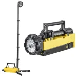 Yellow Streamlight® Rechargeable LED Portable Scene Light shown in both its compact carry configuration with handle and multi-LED head, and with its telescoping mast extended on a tripod base for elevated area lighting.