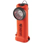 Orange Streamlight® Survivor® right angle flashlight with a black bezel and reflector lamp head, shown with its side-mounted logo, top pocket clip, and compact angled body.