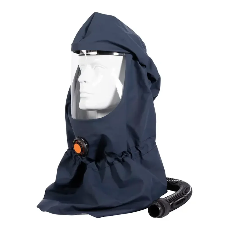 Sundström® SR 530 navy blue fabric hood with a clear full-face visor and orange air flow connector, shown on a mannequin head with a black breathing hose attached.